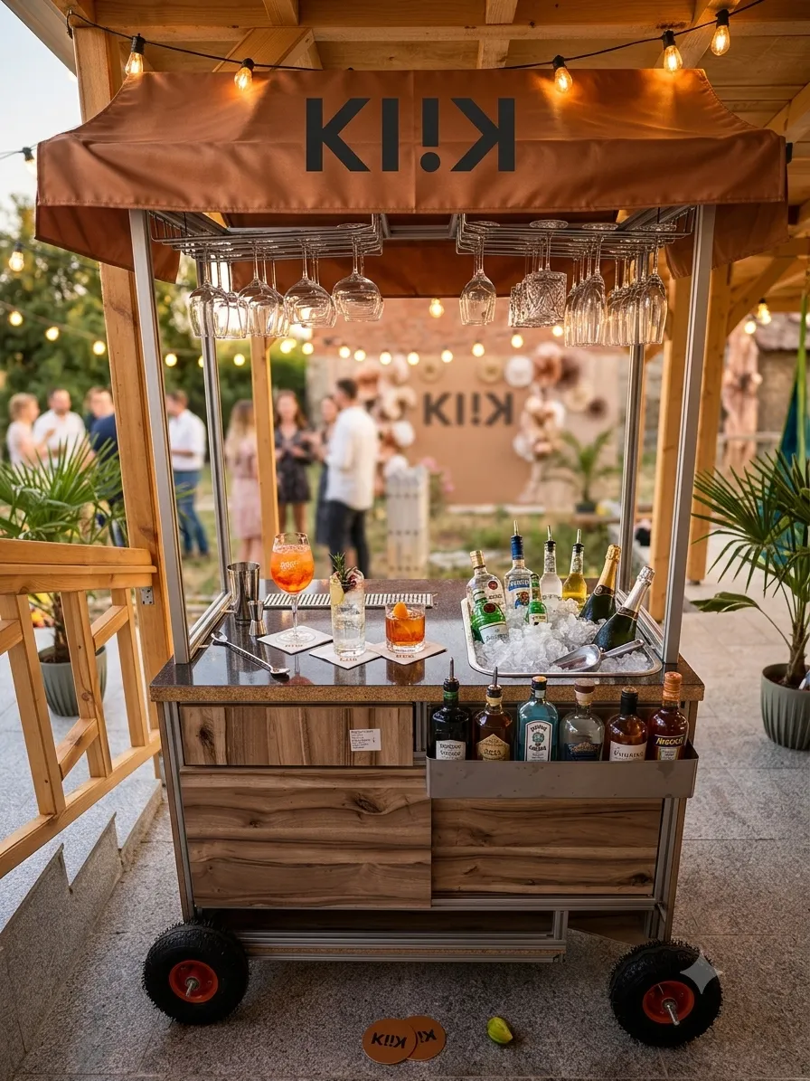 Количка KLIK BAR под медна брандирана тента в златния час, с чаши, окачени над бар плота