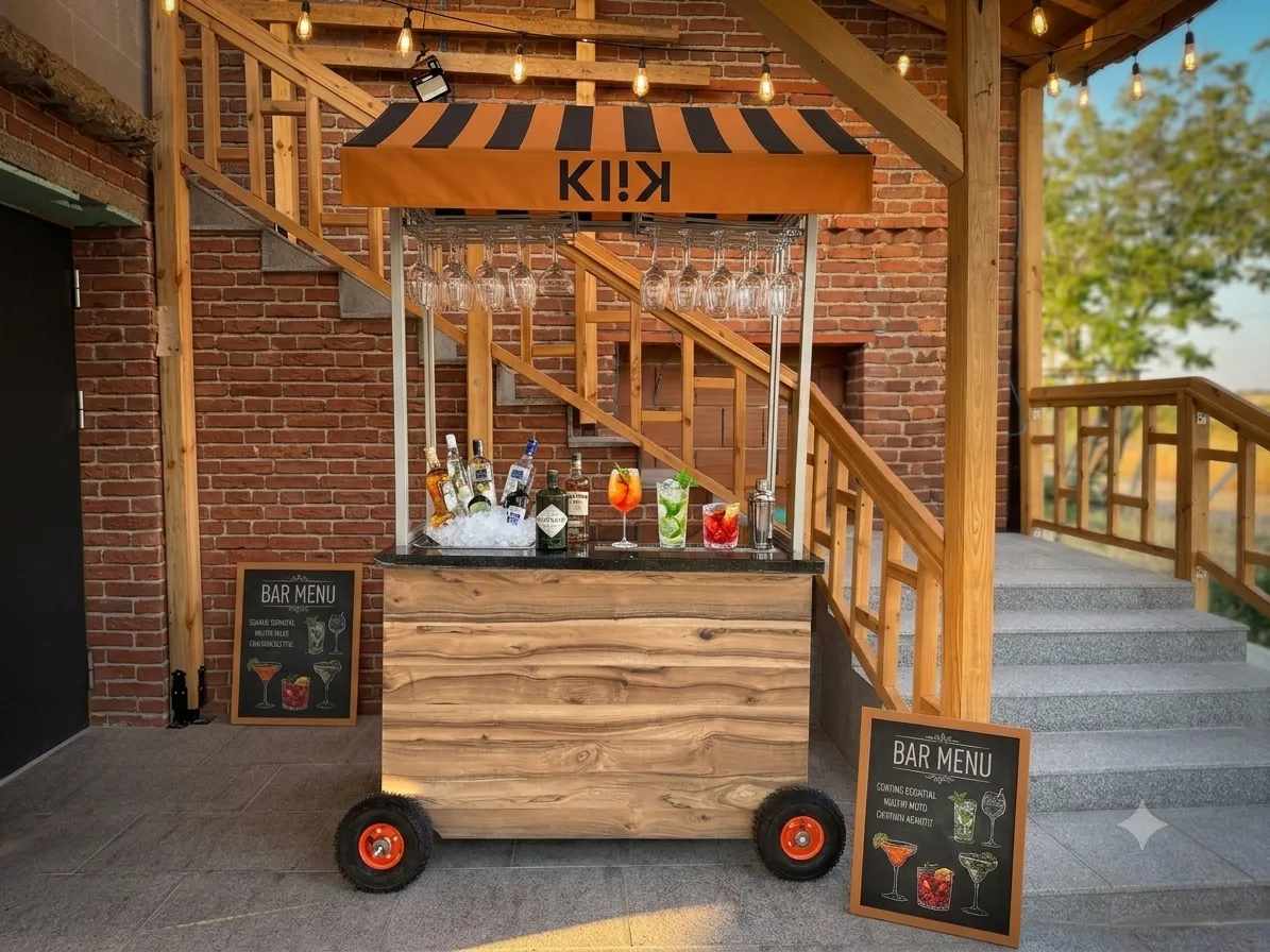 KLIK BAR с оранжева раирана тента и плъзгащи врати пред тухлена стена